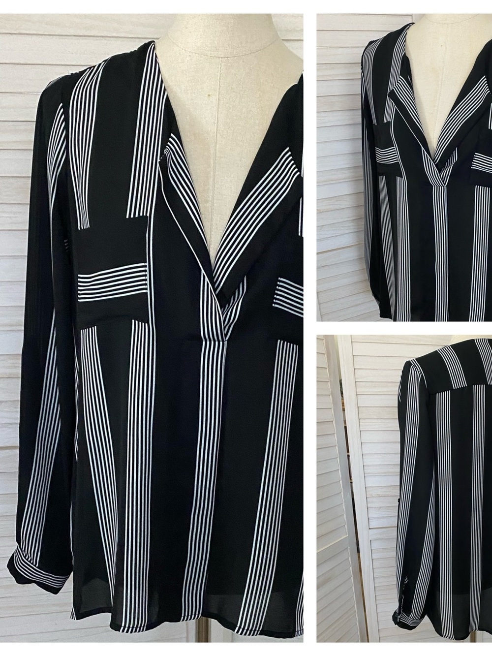 Hippie Rose Black and White Vertical Stripe V-Neck Blouse SZ M Office Casual